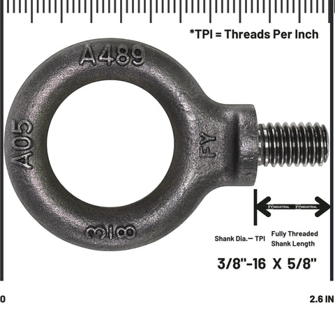 Heavy Duty Lifting Eyebolts Set Of 2 3/8-16 Thread Eye Bolts With 5/8 Inch Reach Forged Carbon Steel ASME B18.15 ASTM A489