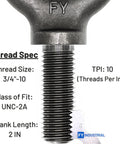 Heavy Duty Lifting Eyebolt Three Quarter Inch By Ten Thread Two Inch Shank Forged Carbon Steel 1035 Industrial Grade
