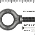 Heavy Duty Lifting Eyebolt Three Quarter Inch By Ten Thread Two Inch Shank Forged Carbon Steel 1035 with threading detail