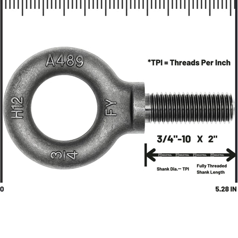 Heavy Duty Lifting Eyebolt Three Quarter Inch By Ten Thread Two Inch Shank Forged Carbon Steel 1035 with threading detail