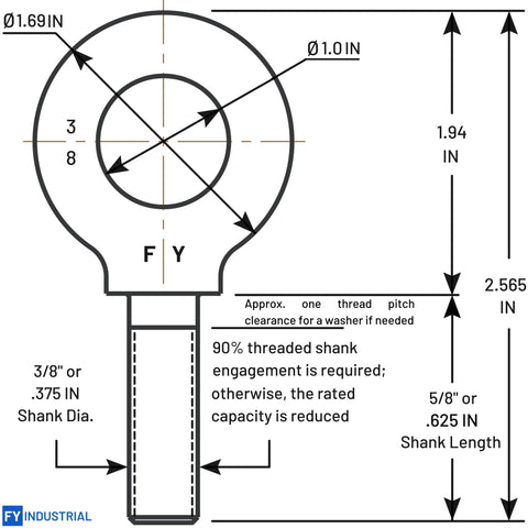 Diagram of Heavy Duty Lifting Eyebolts Set Of 2 3/8-16 Thread Eye Bolts With 5/8 Inch Reach Forged Quenched And Tempered Carbon Steel