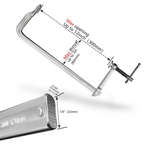 Front view of a 12-inch heavy-duty all-steel F-clamp with screw jaw, showing 3-inch throat depth.