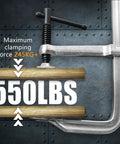 12-inch heavy-duty F-clamp, side view in use on wood; all-steel construction, 550 lb capacity