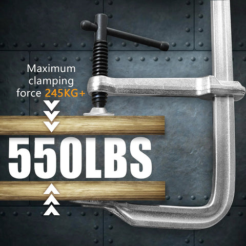 12-inch heavy-duty F-clamp, side view in use on wood; all-steel construction, 550 lb capacity