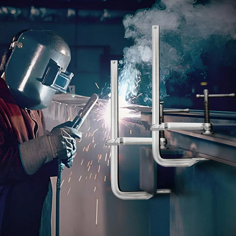 Front view of two 12-inch heavy-duty F-clamps, all-steel, silver, gripping a metal beam during welding.