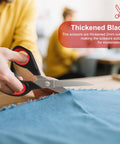 Person using heavy duty all purpose fabric scissors for sewing and garment making with stainless steel blades on thick fabric.