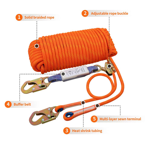Rock Solid Heavy Duty Fall Protection Rope Kit 25 Ft With Durable Braided Polyester Line Vertical Roofing Grab Snap Hook And Shock Absorber Restraint System For Safe Roofing Work Wear Resistant And Easy To Install with solid braided rope, hooks, and shock absorber.