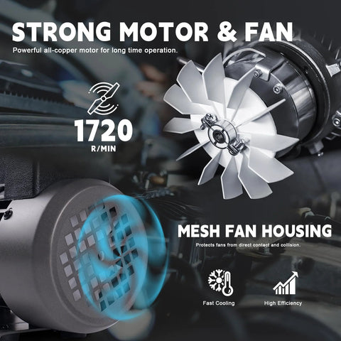 Heavy duty vacuum pump for HVAC with strong motor and fan, 1720 R/Min speed, mesh fan housing for efficiency and cooling.