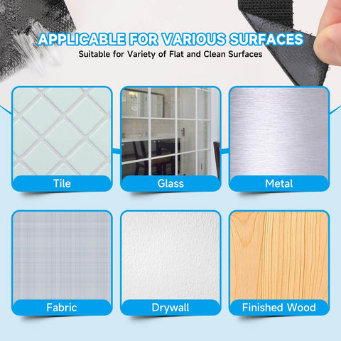 Heavy Duty Hook And Loop Fastener Strips With Adhesive, 12 Sets, applicable on tile, glass, metal, fabric, drywall, and wood surfaces