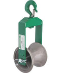 Feeding Sheave for 3-1/2-Inch Conduit, side view showing green welded steel frame and 6-inch wheel.