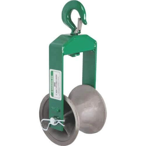 Feeding Sheave for 3-1/2-Inch Conduit, side view showing green welded steel frame and 6-inch wheel.