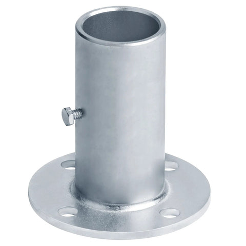 Heavy Duty Chain Link Fence Post Floor Flange Base Set Of Four For One Five Eighths Inch OD Poles, shown electro galvanized steel.