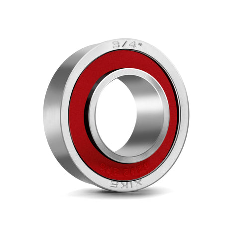 Heavy Duty Flanged Ball Bearings Set By XiKe, 3/4 Inch ID, close-up of galvanized steel bearing with red seal for lawn mowers