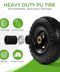 10 Inch 13 Inch and 16 Inch Flat Free PU Tire 2 Pack solid rubber replacement wheels with steel hub, showing heavy-duty design and features.