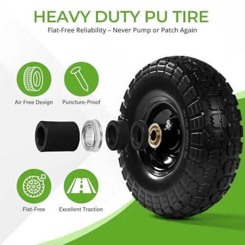 10 Inch 13 Inch and 16 Inch Flat Free PU Tire 2 Pack solid rubber replacement wheels with steel hub, showing heavy-duty design and features.