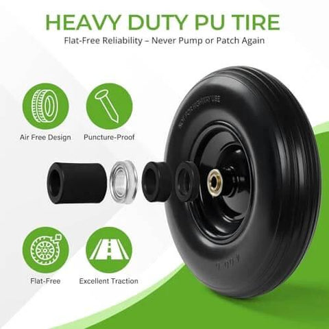 13 Inch Flat Free PU Tire 2 Pack solid polyurethane replacement wheels with steel hubs, showing air-free design and puncture-proof features.