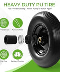16 Inch Flat Free PU Tire 2 Pack heavy duty solid polyurethane replacement wheels with reinforced steel hubs and puncture-proof design.