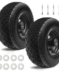 Two 12 Inch Flat Free Solid Rubber Tire and Wheel Assembly with 2.1 Inch Offset Hub and hardware for garden carts and wheelbarrows