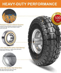 10 Inch 4.10/3.50-4 Flat Free Solid Rubber Wheels 4 Pack, close-up of tire with steel rim and heavy-duty performance features