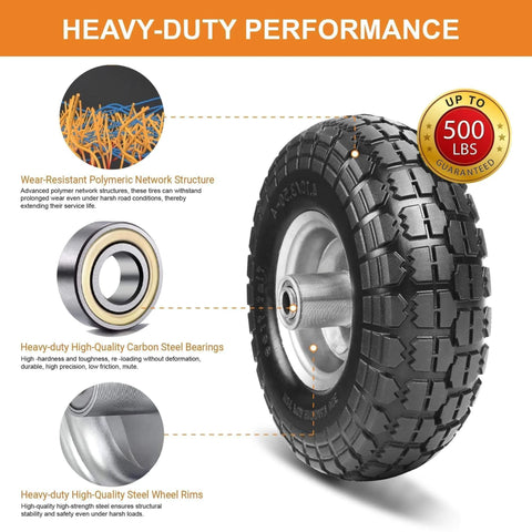 10 Inch 4.10/3.50-4 Flat Free Solid Rubber Wheels 4 Pack, close-up of tire with steel rim and heavy-duty performance features