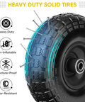 Close-up of 4.00-6 Flat Free Tire and Wheel Set, showcasing heavy duty solid tire features for wheelbarrows and carts.