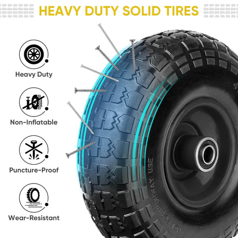 Close-up of 4.00-6 Flat Free Tire and Wheel Set, showcasing heavy duty solid tire features for wheelbarrows and carts.