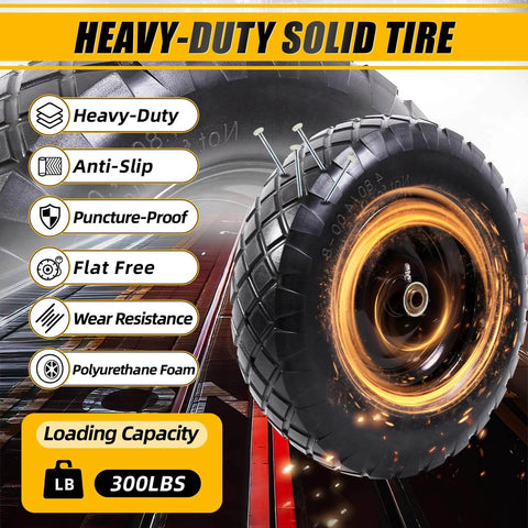 Heavy-duty flat-free tire with anti-slip, puncture-proof design showcasing 4.80/4.00-8 16 inch solid built for 300 lbs load capacity