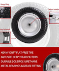 Detailed view of 14.5" wheelbarrow tire, 3.50-8" flat-free solid tire with heavy-duty tread, centered hub, and carbon steel bearings.