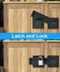 Heavy Duty 7.5 Inch Flip Gate Latch With Padlock Hole on wooden gate, shown open and locked, aluminum alloy built tough, black finish.