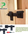 Heavy Duty Flip Fence Gate Latch Lock Set With Screwdriver 2 Pack for Wooden Fences Barn Doors Swinging Gates installed view