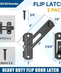 Diagram of 4 Inch Flip Gate Latch Set 180 Degree Barn Door Lock Latch Heavy Duty SUS304 Stainless Steel With Black Finish; includes measurements and screws.