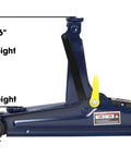 Side view of Heavy Duty Two And A Half Ton Low Profile Hydraulic Trolley Floor Jack With Quick Lift Pump And Safety Bypass For Cars Trucks And SUVs Torin Durable Steel Construction Three And One Third Inch To Fifteen Inch Lift Blue Finish.
