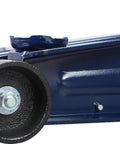 Heavy Duty Two And A Half Ton Low Profile Hydraulic Trolley Floor Jack With Quick Lift Pump And Safety Bypass for Cars Trucks and SUVs with blue finish, close-up of wheel and base.