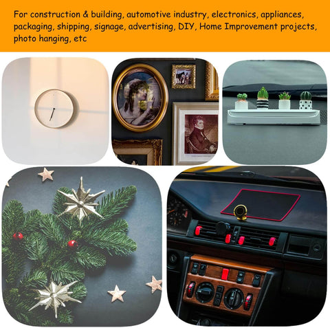 Heavy Duty Double Sided Foam Tape With Crazy Sticky Adhesion used for hanging frames, clocks, and decor items indoors and in vehicles.