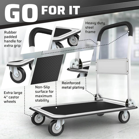 Heavy Duty Foldable Push Cart Dolly | 330 lbs. Capacity | Upgraded Collapsible Hand Truck Folding Platform with Swivel Wheels (White)