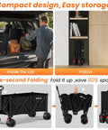 Heavy Duty Collapsible Wagon Cart With 570 Pound Capacity And Big All Terrain Wheels For Beach Camping Garden Grocery And Sports Foldable Utility Cart With Cup Holders Black, shown folded inside a car and stored in a closet with folding process visible.