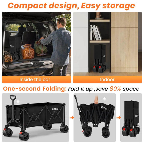 Heavy Duty Collapsible Wagon Cart With 570 Pound Capacity And Big All Terrain Wheels For Beach Camping Garden Grocery And Sports Foldable Utility Cart With Cup Holders Black, shown folded inside a car and stored in a closet with folding process visible.