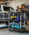 Side view of Heavy Duty Folding Utility Cart With 3 Tier Shelves DWVO 240 Lb Load Capacity Collapsible Rolling Cart in a garage