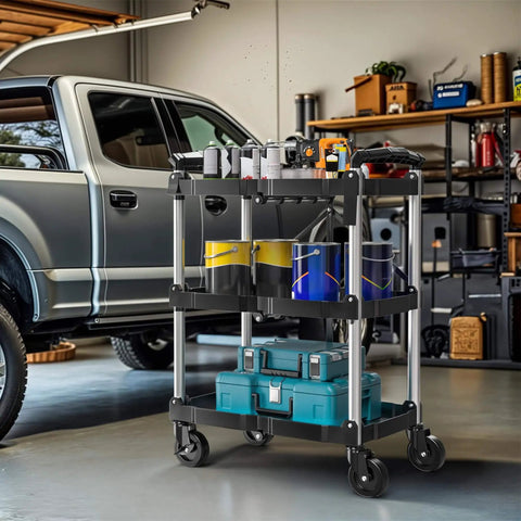 Side view of Heavy Duty Folding Utility Cart With 3 Tier Shelves DWVO 240 Lb Load Capacity Collapsible Rolling Cart in a garage