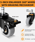 Close-up of 2.5-inch 360-degree wheels with brake for folding heavy duty hand truck 500 lb luggage cart