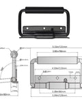 Diagram of 5.15 Inch Heavy Duty Folding Handle with rubber grip, spring loaded, 3 mounting holes for toolbox cabinet luggage and outdoor storage.