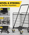 Beefy Folding Shopping Cart with 5.0 Cu Ft Capacity 480 lb Load; dual baskets; 360 degree braked swivel wheels on different surfaces.
