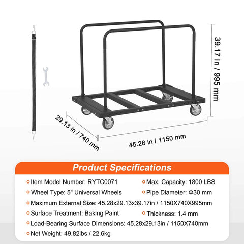 Heavy Duty Folding Table Cart With 5 Inch Swivel Wheels And 1800 Lbs Capacity, shown with dimensions and specifications