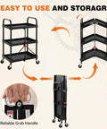 Heavy Duty Three Tier Folding Utility Cart With Four Swivel Wheels And Brakes For Kitchen Office Garage And Garden, 120 Lbs Capacity, Collapsible Rolling Storage Cart, Black From DUMOS in use and folded