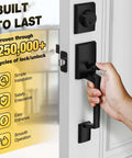 Beefed Up Heavy Duty Front Door Lock Set With Handle And Deadbolt in matte black, zinc alloy, shown installed on door.