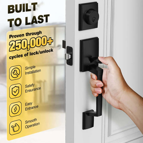 Beefed Up Heavy Duty Front Door Lock Set With Handle And Deadbolt in matte black, zinc alloy, shown installed on door.