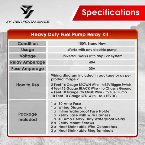 12V Electric Fuel Pump Relay Kit 40 Amp Waterproof Heavy Duty With Long Wires specifications sheet