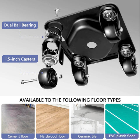 1500 lb heavy duty furniture dolly with anti slip groove design, dual ball bearing, 1.5-inch casters, floor compatibility display