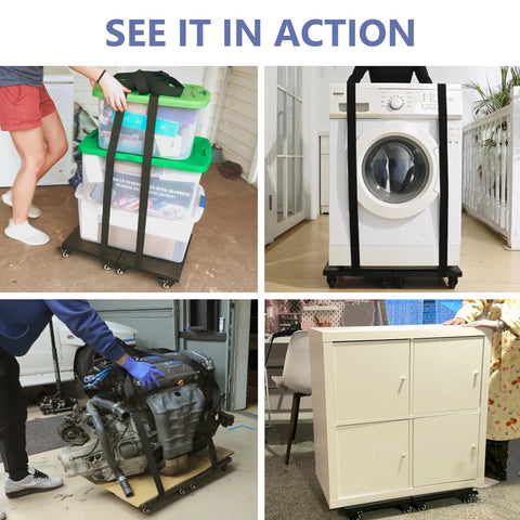 Heavy Duty Furniture Dolly 2000lbs Capacity 4 Wheel Furniture Movers with Brakes in action moving boxes, washer, engine, and cabinet