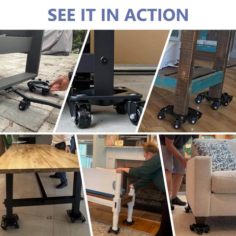 2000 lb heavy duty furniture dolly with groove design in use under tables and a couch, showcasing ease of moving appliances and furniture